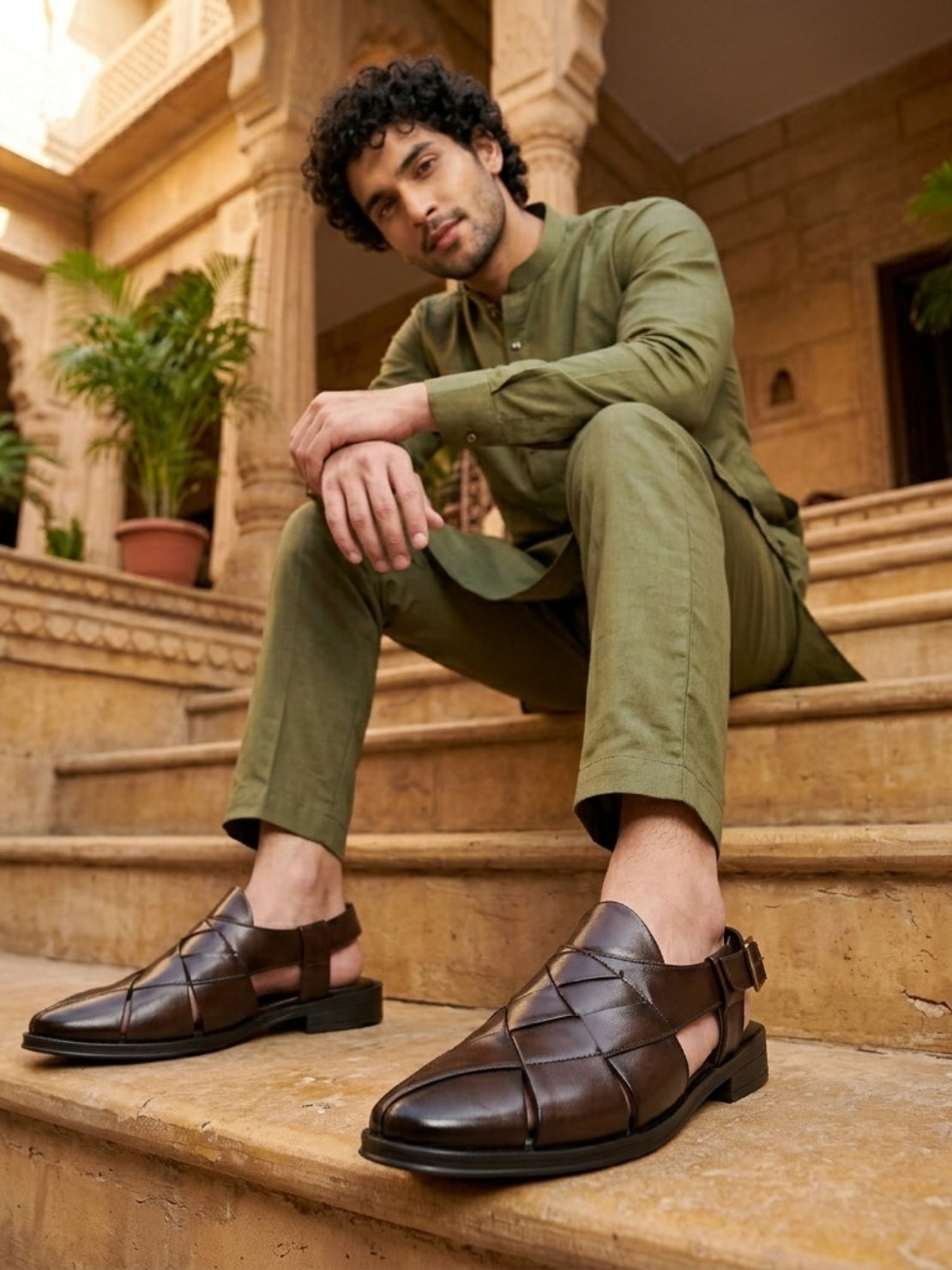 Hirolas Men's Peshawari Shoe Style Vegan Leather Roman Ethnic Sandal | Premium Party Wear - Brown