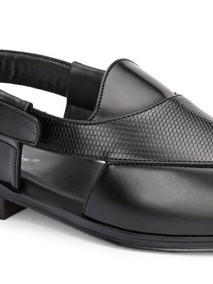 Hirolas Men's Peshawari Shoe Style Vegan Leather Roman Ethnic Sandal | Premium Party Wear - Black