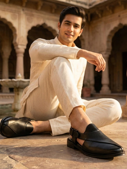 Hirolas Men's Peshawari Shoe Style Vegan Leather Roman Ethnic Sandal | Premium Party Wear - Black