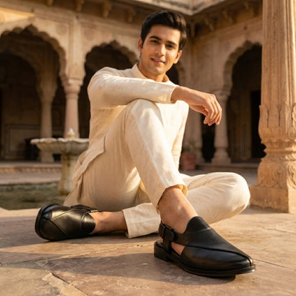 Hirolas Men's Peshawari Shoe Style Vegan Leather Roman Ethnic Sandal | Premium Party Wear - Black