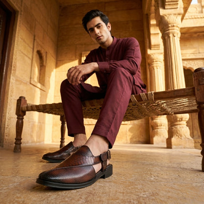 Hirolas Men's Peshawari Shoe Style Vegan Leather Roman Ethnic Sandal | Premium Party Wear - Brown