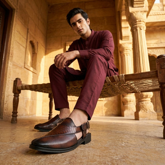 Hirolas Men's Peshawari Shoe Style Vegan Leather Roman Ethnic Sandal | Premium Party Wear - Brown