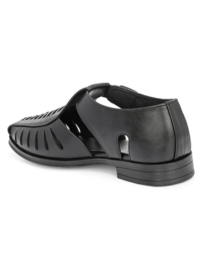 Hirolas Men's Peshawari Shoe Style Vegan Leather Roman Ethnic Sandal | Premium Party Wear - Black