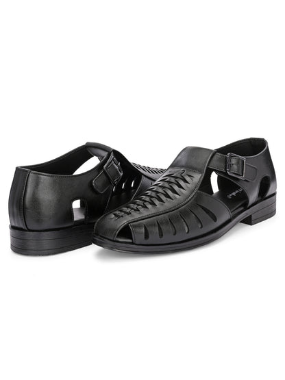 Hirolas Men's Peshawari Shoe Style Vegan Leather Roman Ethnic Sandal | Premium Party Wear - Black