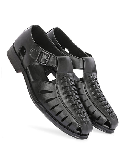 Hirolas Men's Peshawari Shoe Style Vegan Leather Roman Ethnic Sandal | Premium Party Wear - Black
