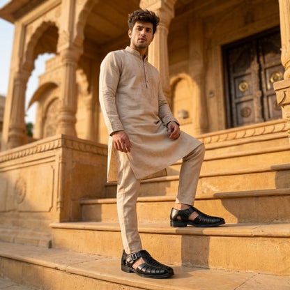 Hirolas Men's Peshawari Shoe Style Vegan Leather Roman Ethnic Sandal | Premium Party Wear - Black