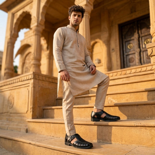 Hirolas Men's Peshawari Shoe Style Vegan Leather Roman Ethnic Sandal | Premium Party Wear - Black