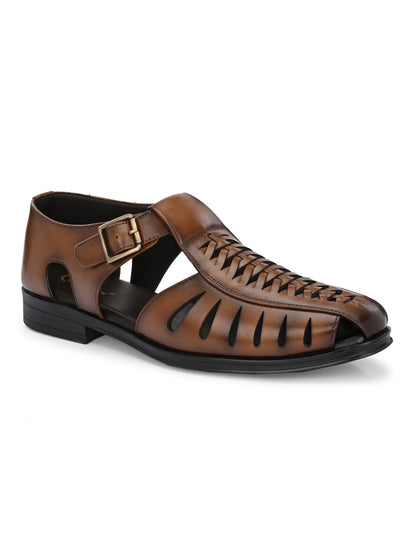 Hirolas Men's Peshawari Shoe Style Vegan Leather Roman Ethnic Sandal | Premium Party Wear - Tan