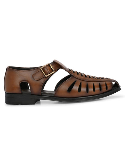 Hirolas Men's Peshawari Shoe Style Vegan Leather Roman Ethnic Sandal | Premium Party Wear - Tan