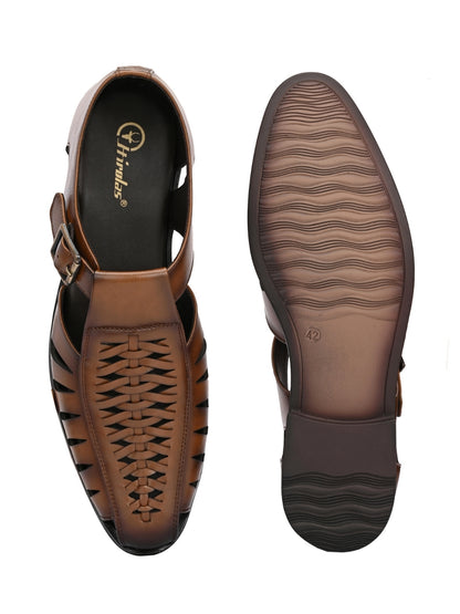 Hirolas Men's Peshawari Shoe Style Vegan Leather Roman Ethnic Sandal | Premium Party Wear - Tan