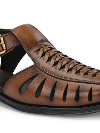 Hirolas Men's Peshawari Shoe Style Vegan Leather Roman Ethnic Sandal | Premium Party Wear - Tan