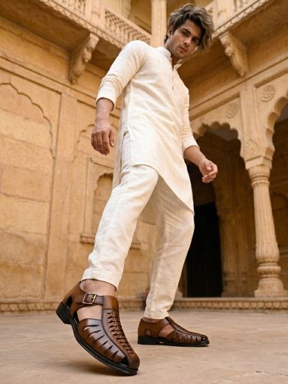 Hirolas Men's Peshawari Shoe Style Vegan Leather Roman Ethnic Sandal | Premium Party Wear - Tan