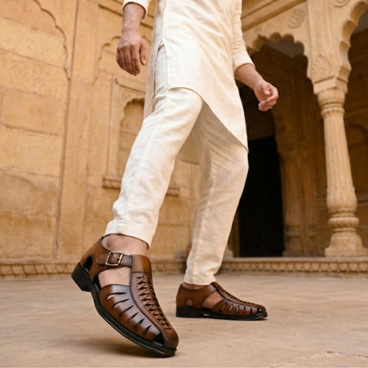 Hirolas Men's Peshawari Shoe Style Vegan Leather Roman Ethnic Sandal | Premium Party Wear - Tan