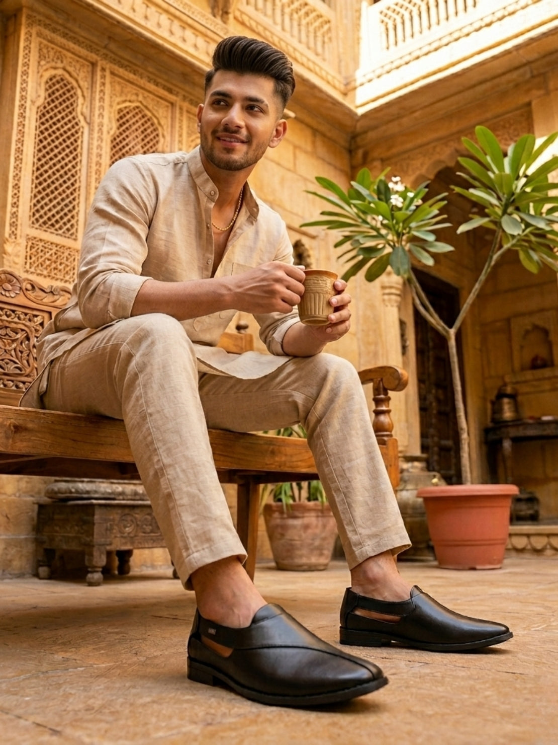 Hirolas Men's Peshawari Shoe Style Vegan Leather Roman Ethnic Sandal | Premium Party Wear - Black