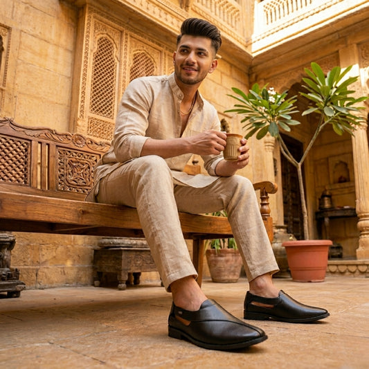 Hirolas Men's Peshawari Shoe Style Vegan Leather Roman Ethnic Sandal | Premium Party Wear - Black