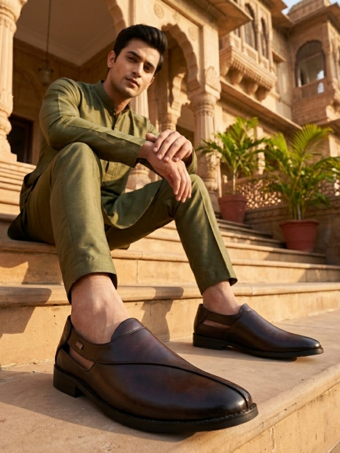 Hirolas Men's Peshawari Shoe Style Vegan Leather Roman Ethnic Sandal | Premium Party Wear - Brown
