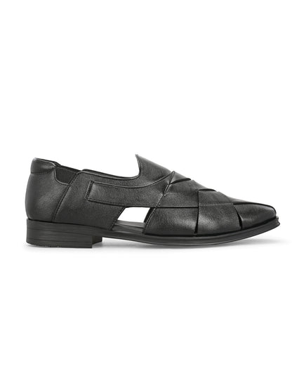 Hirolas Men's Peshawari Shoe Style Vegan Leather Roman Ethnic Sandal | Premium Party Wear - Black