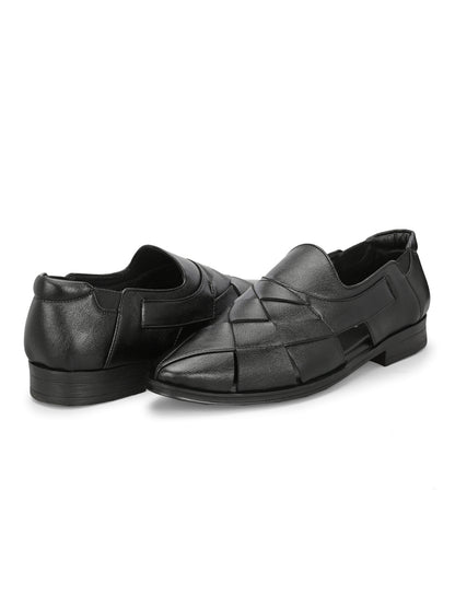 Hirolas Men's Peshawari Shoe Style Vegan Leather Roman Ethnic Sandal | Premium Party Wear - Black