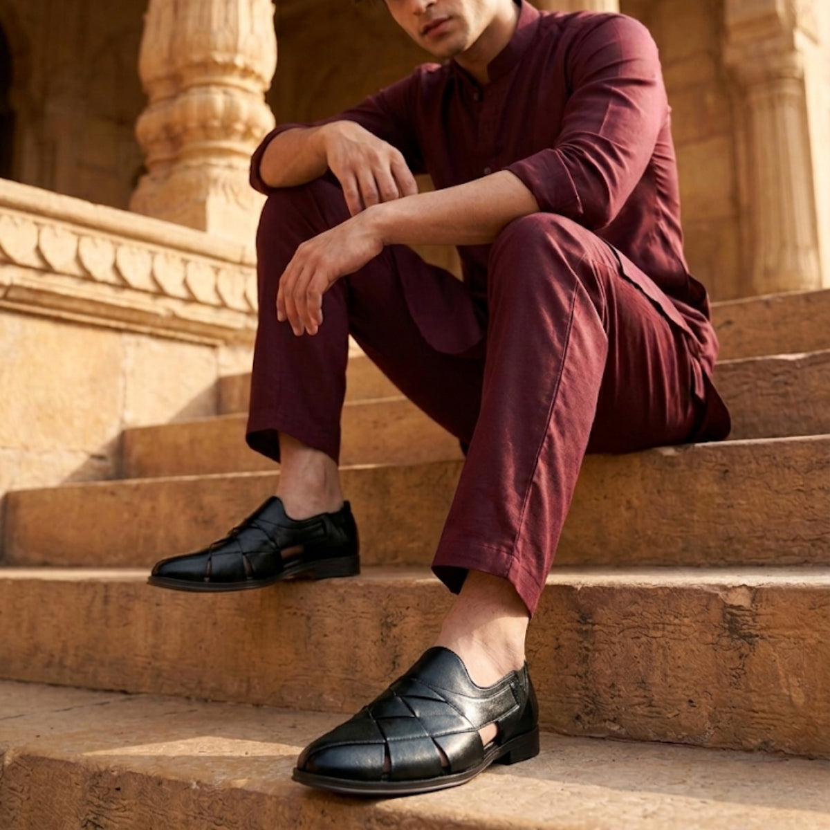 Hirolas Men's Peshawari Shoe Style Vegan Leather Roman Ethnic Sandal | Premium Party Wear - Black