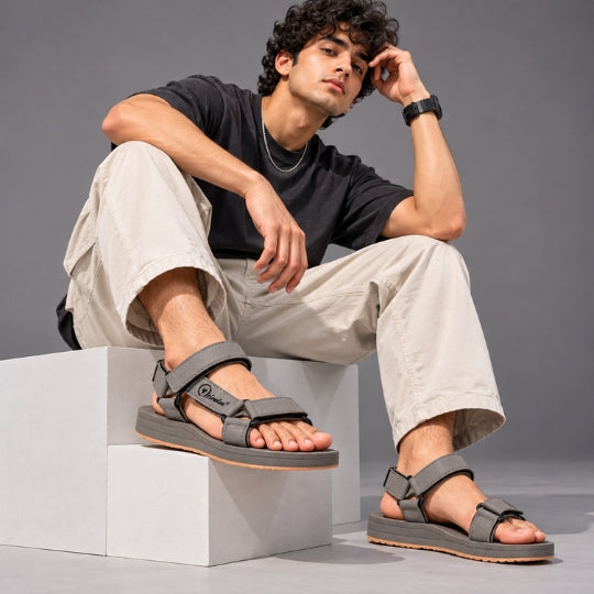 Hirolas EVA Sandal for Men's Cushioned Sole with TPR Base Waterproof Sports Floater with Adjustable Velcro Straps - Grey