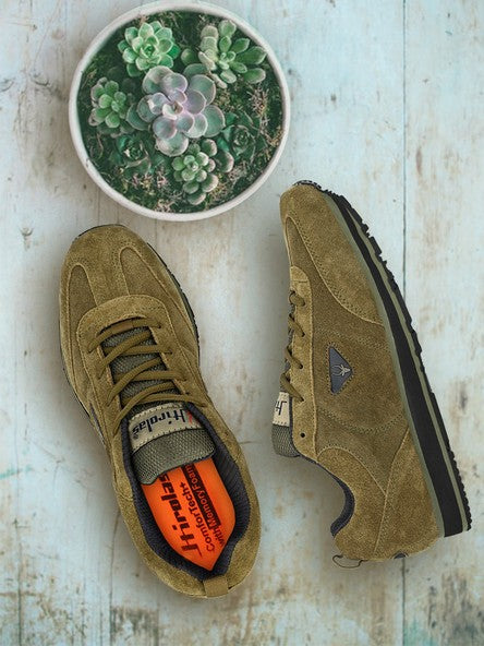 Hirolas® Men's Multisports Shock Absorbing Walking Running Fitness Athletic Training Gym Olive Leather Lace Up Sneaker Sport Shoes (HRL2014OLV)