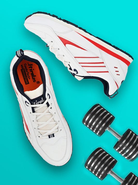 Hirolas® Men's Multisports Shock Absorbing Walking Running Fitness Athletic Training Gym White Lace Up Sneaker Sport Shoes (HRL2009WHR)