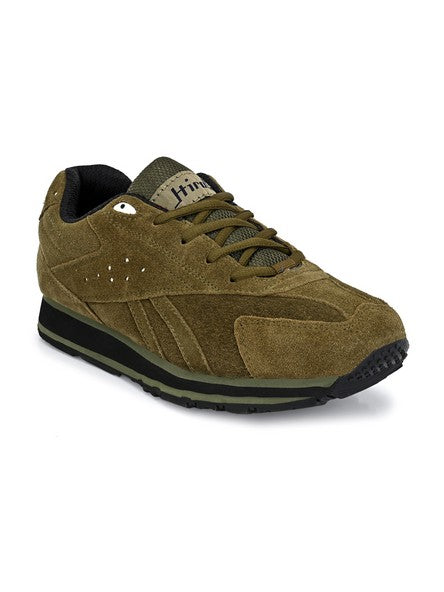 Hirolas® Men's Multisports Shock Absorbing Walking Running Fitness Athletic Training Gym Olive Leather Lace Up Sneaker Sport Shoes (HRL2011OLV)