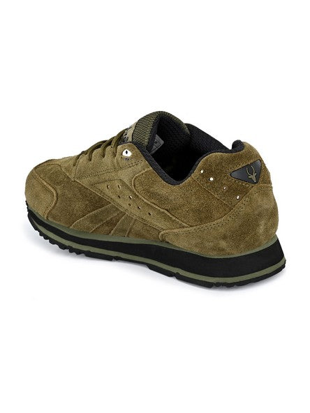 Hirolas® Men's Multisports Shock Absorbing Walking Running Fitness Athletic Training Gym Olive Leather Lace Up Sneaker Sport Shoes (HRL2011OLV)