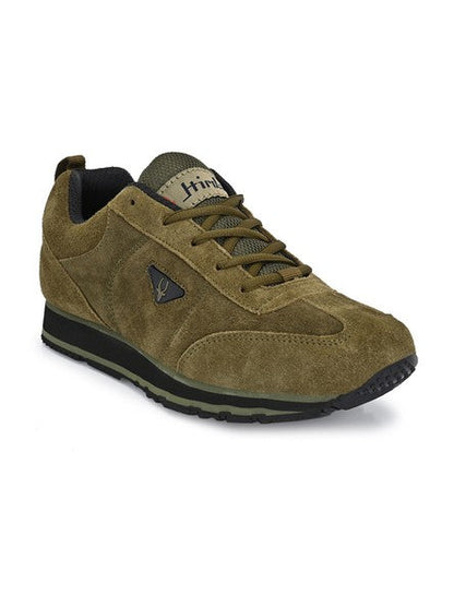 Hirolas® Men's Multisports Shock Absorbing Walking Running Fitness Athletic Training Gym Olive Leather Lace Up Sneaker Sport Shoes (HRL2014OLV)
