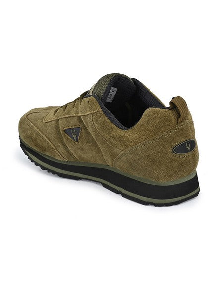 Hirolas® Men's Multisports Shock Absorbing Walking Running Fitness Athletic Training Gym Olive Leather Lace Up Sneaker Sport Shoes (HRL2014OLV)