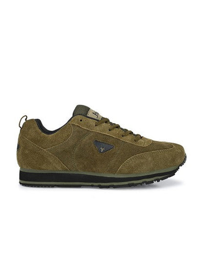 Hirolas® Men's Multisports Shock Absorbing Walking Running Fitness Athletic Training Gym Olive Leather Lace Up Sneaker Sport Shoes (HRL2014OLV)