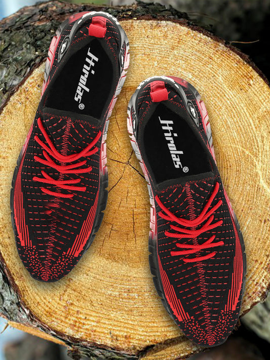 Hirolas® Men's Black/Red Knitted Athleisure Lace Up Sport Shoes (HRL2016BLR)