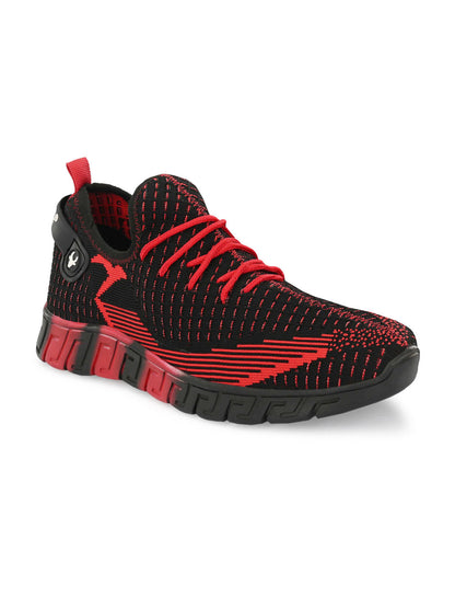 Hirolas® Men's Black/Red Knitted Athleisure Lace Up Sport Shoes (HRL2016BLR)