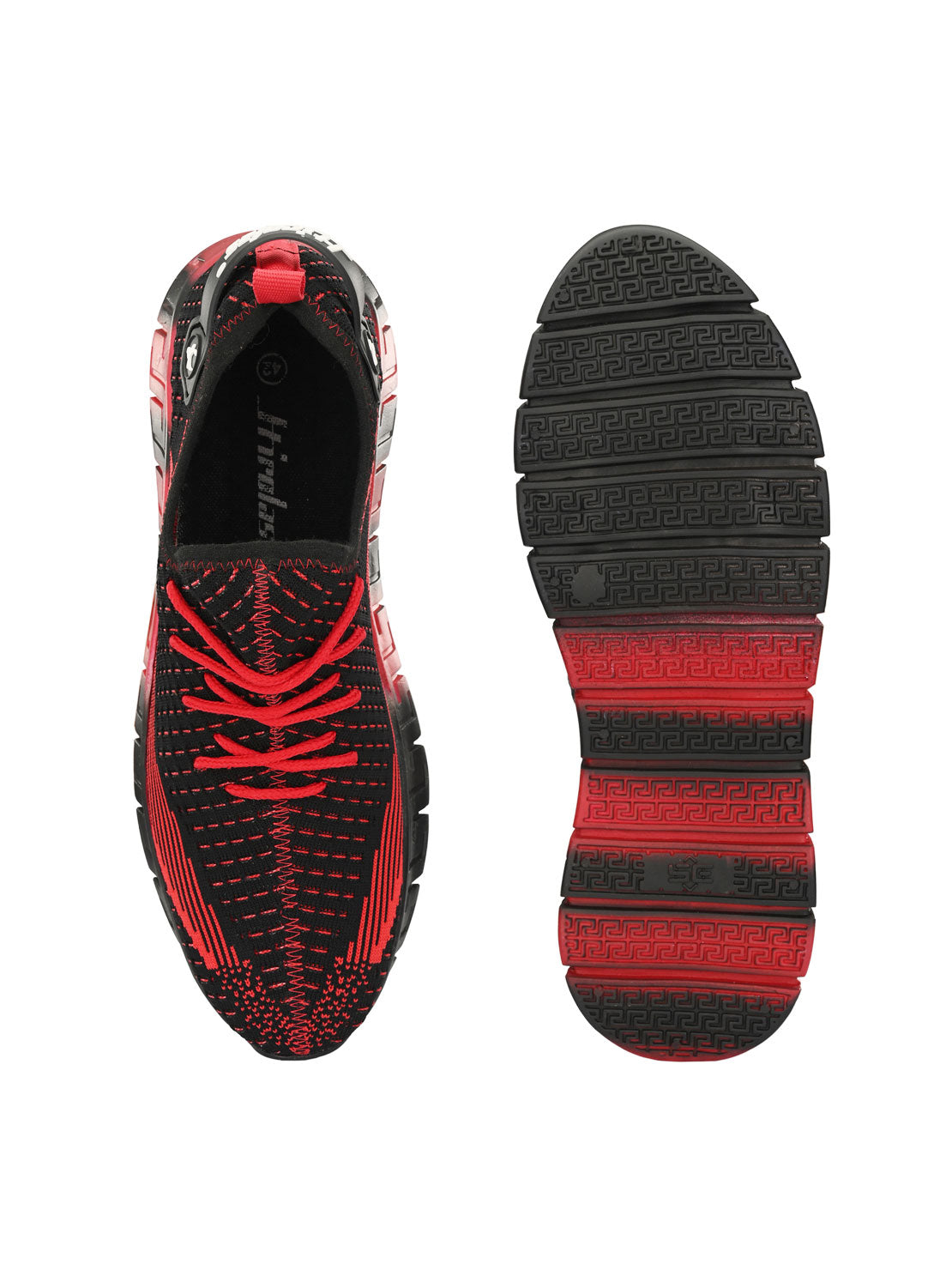 Hirolas® Men's Black/Red Knitted Athleisure Lace Up Sport Shoes (HRL2016BLR)