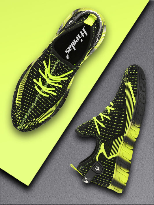 Hirolas® Men's Black/Green Knitted Athleisure Lace Up Sport Shoes (HRL2015GRN)