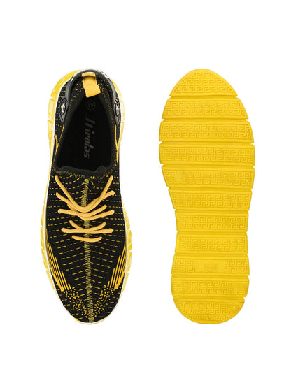 Hirolas® Men's Black/Yellow Knitted Athleisure Lace Up Sport Shoes (HRL2015YLW)