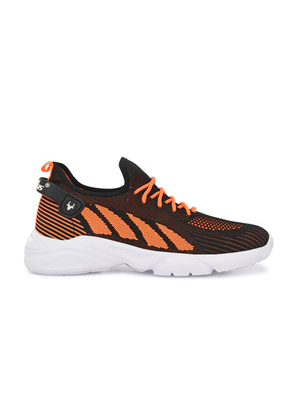 Hirolas® Men's Black/Orange Knitted Athleisure Lace Up Sport Shoes (HRL2016BLO)