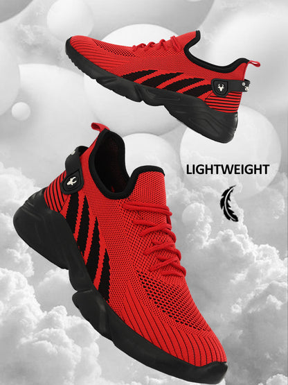 Hirolas® Men's Red/Black Knitted Athleisure Lace Up Sport Shoes (HRL2016RDB)