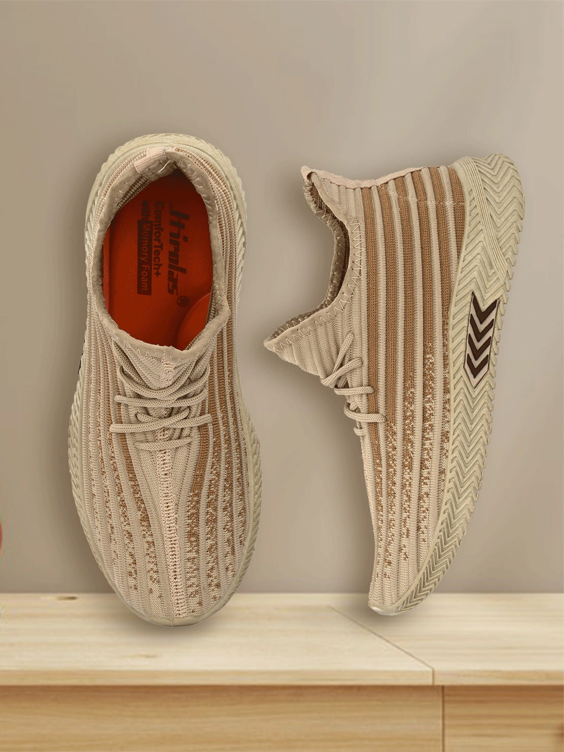 Hirolas® Men's Beige Knitted Running/Walking/Gym Lace Up Sneaker Sport Shoes (HRL2036BGE)