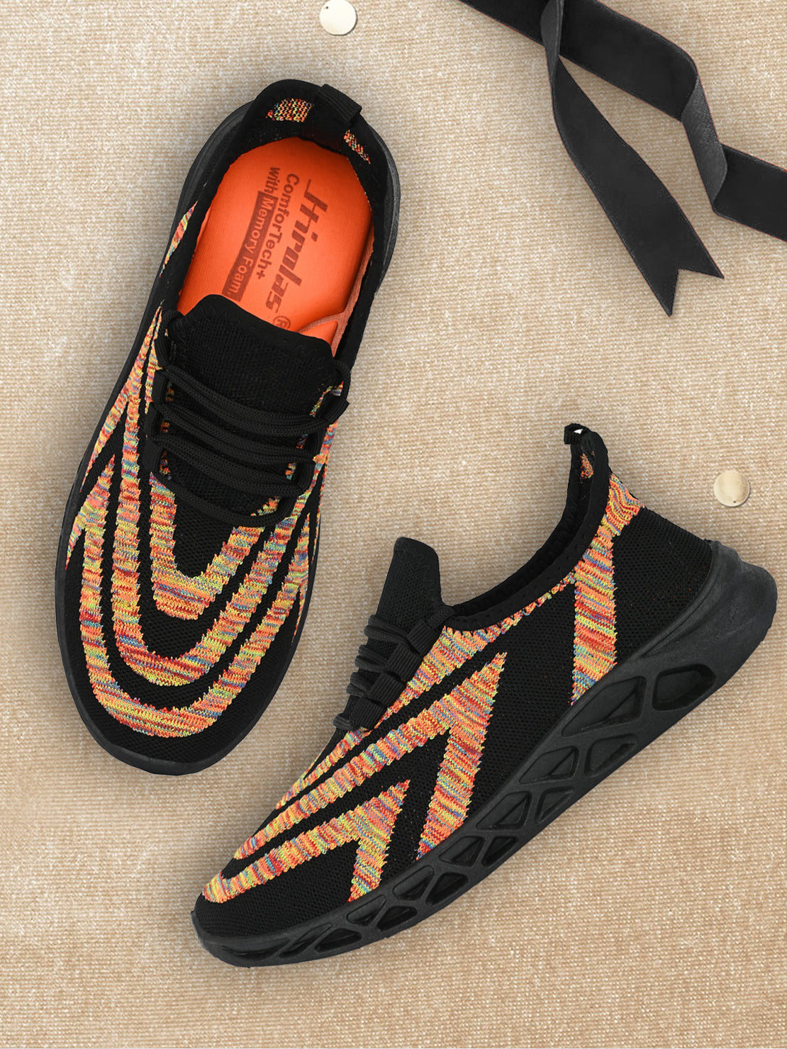 Hirolas® Men's Black Knitted Running/Walking/Gym Lace Up Sneaker Sport Shoes (HRL2050BLK)