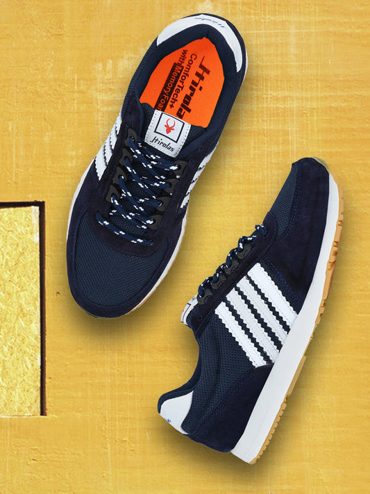 Hirolas® Men's Multisports Shock Absorbing Walking Running Fitness Athletic Training Gym Blue Leather Lace Up Sneaker Sport Shoes (HRL2069BWH)