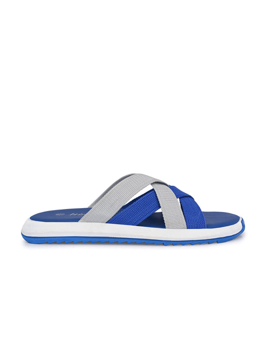 Hirolas Men's Blue Fabric Strappy Slider Slippers (HROFF29BLG)