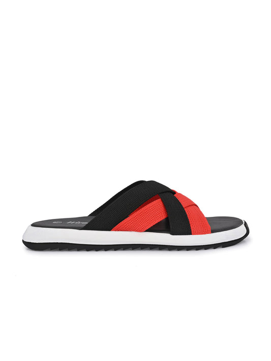 Hirolas Men's Black Fabric Strappy Slider Slippers (HROFF29BLR)