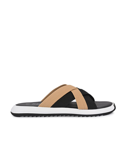 Hirolas Men's Black Fabric Strappy Slider Slippers (HROFF29BLT)