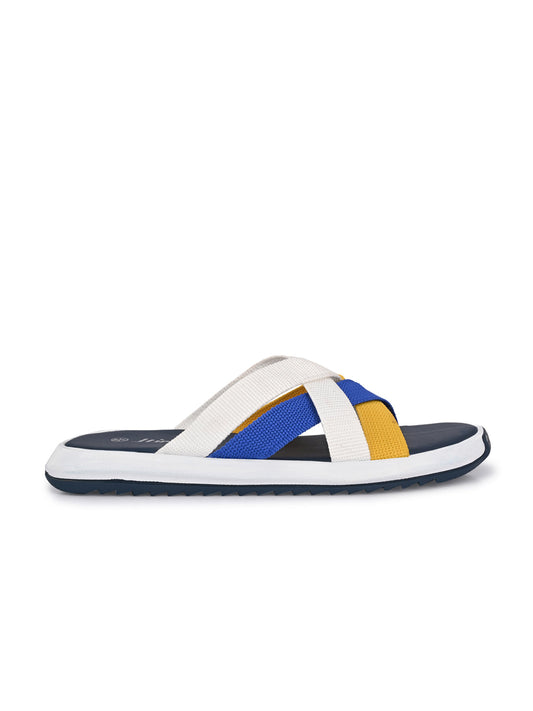 Hirolas Men's Blue Fabric Strappy Slider Slippers (HROFF29BLW)