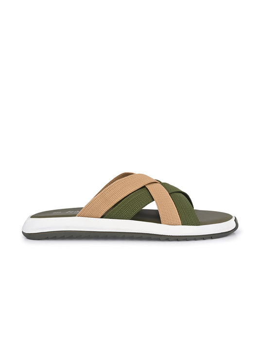Hirolas Men's Olive Fabric Strappy Slider Slippers (HROFF29GRT)