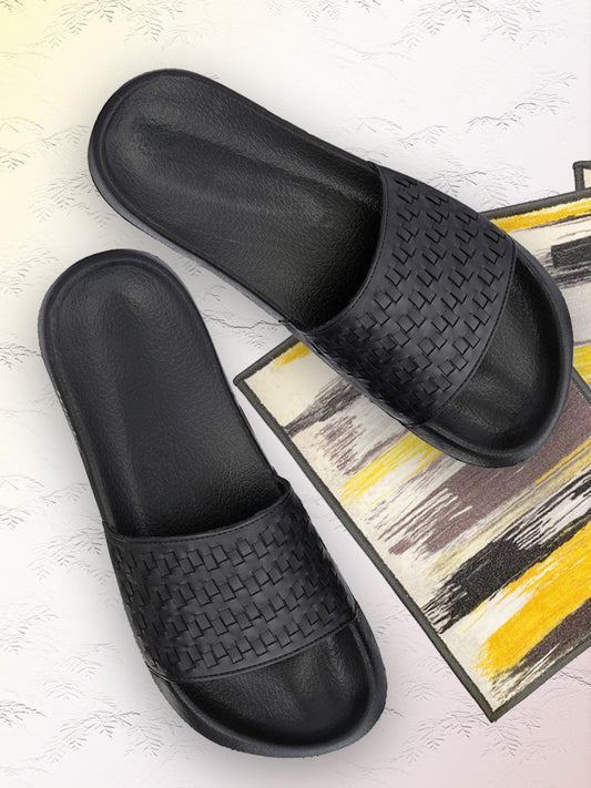 Hirolas® Men's Black Weaved Slider Flip-Flops (HROMSL02BLK)
