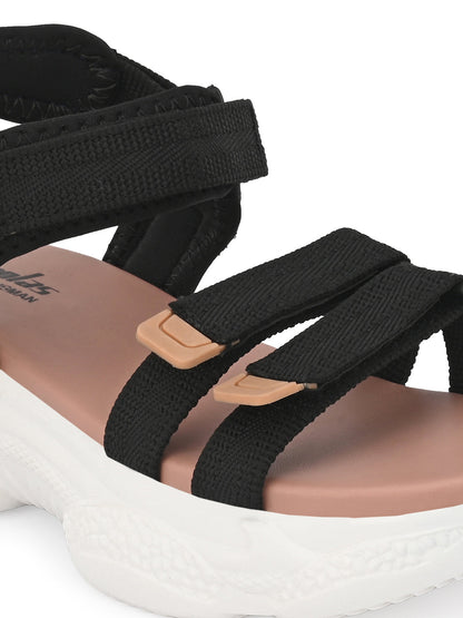 Hirolas® Women Black/Pink Fabric Sports _Sandals (HROWSL02PKB)