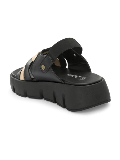 Hirolas® Women Black/Beige Chunky Platform _Sandals (HROWSL04BLB)