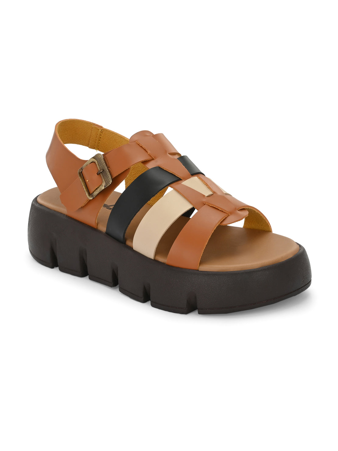 Hirolas® Women Black/Tan Chunky Platform _Sandals (HROWSL04BLT)